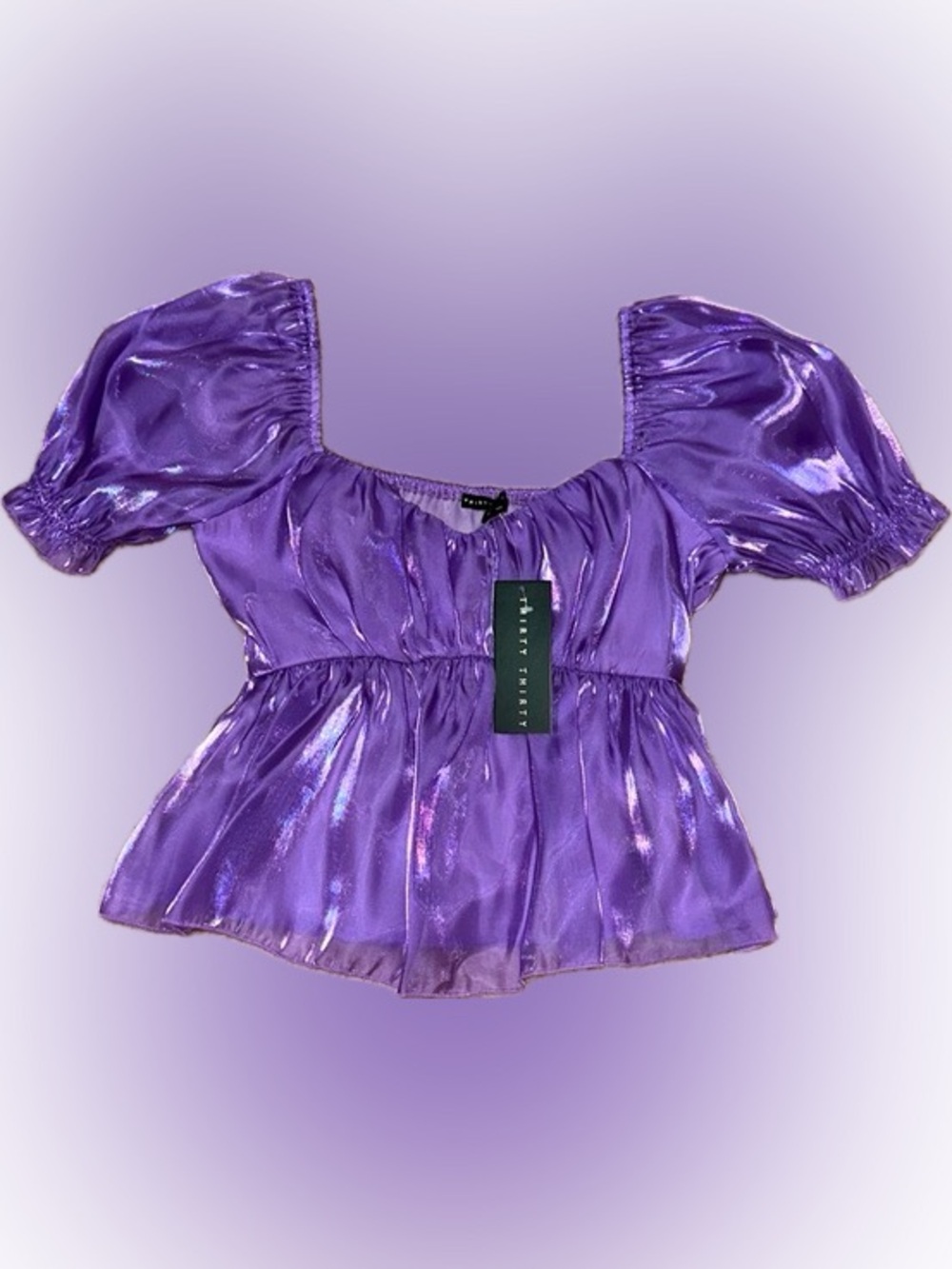 Thirty/thirty LA Shiny Puff-Sleeve Peplum Top
